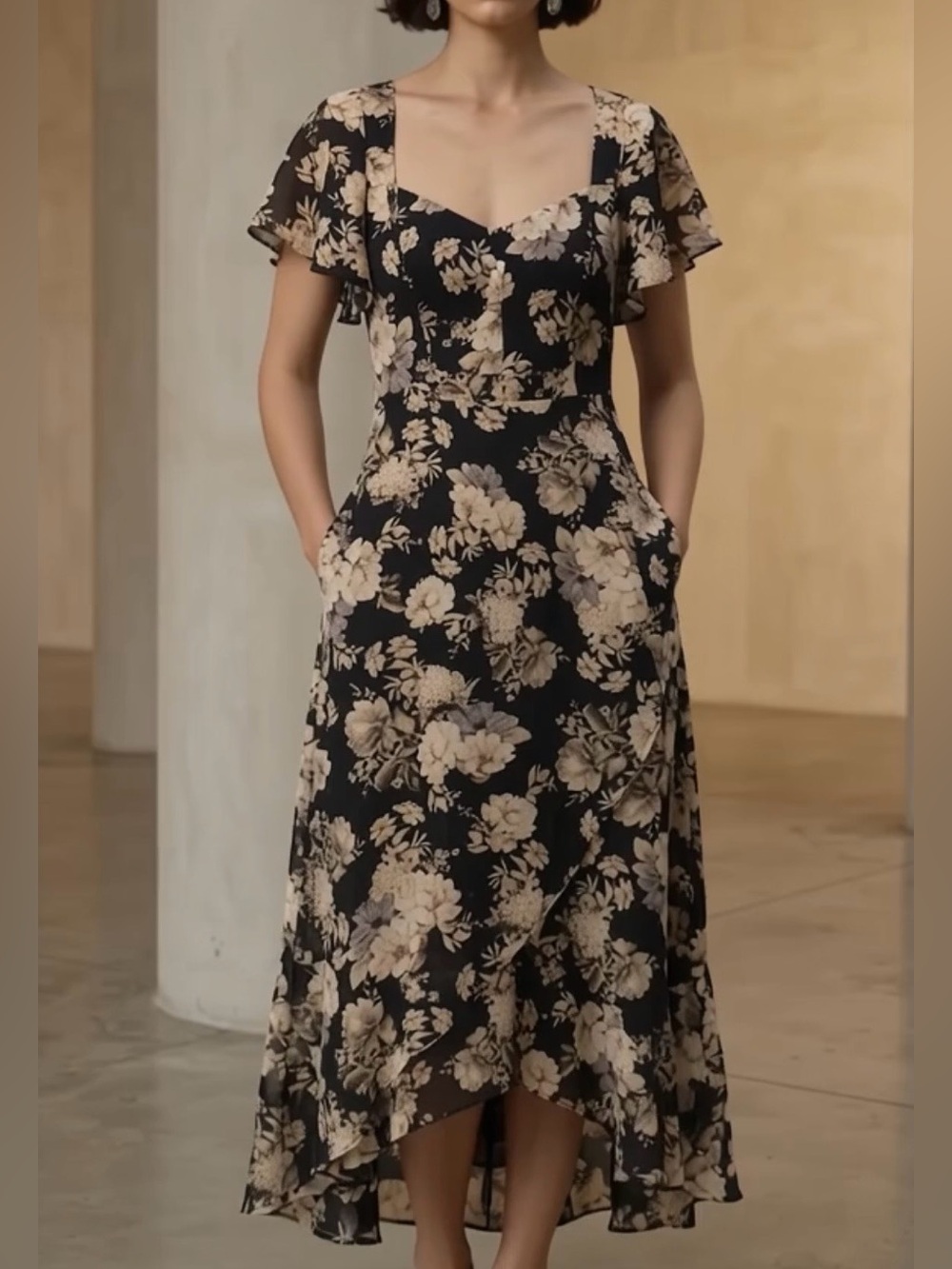 ALI & JAY Bohemian Maxi Dress with Black & Cream Floral Print - High-Low Hem